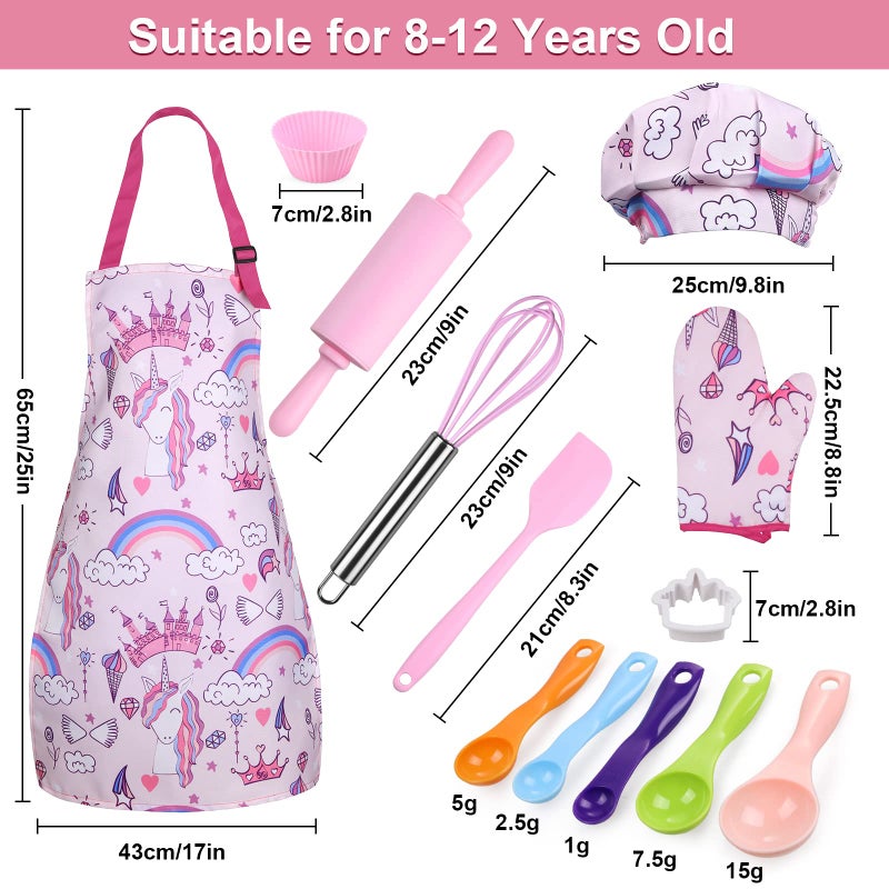 Anpro Complete Kids Cooking and Baking Set - 27 Pcs Includes Aprons for Girls  Chef Hat  Mitt & Utensil to Dress Up Chef Costume Career Role Play for 8-12 Years Girls - Image 4